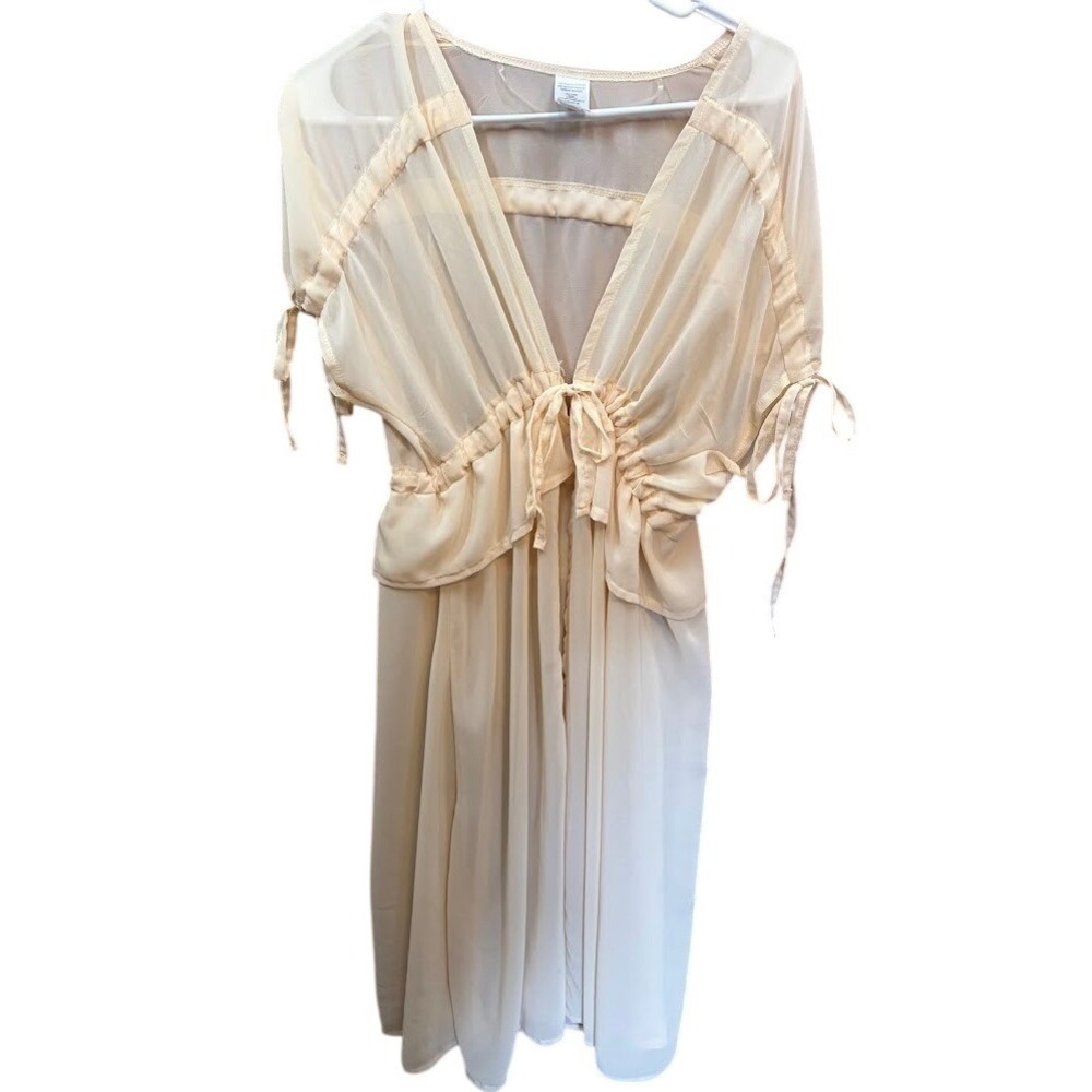 Beige Sheer V-Neck‎ Drawstring Waist Cover Up Dress TT211159 Size S/M